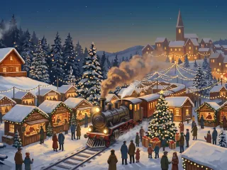 Winterliche Weihnachtsmarkt-Szene in der Abenddämmerung: eine Dampflok fährt durch verschneite Marktstände mit Lichterketten, Glühwein- und Handwerksbuden, geschmücktem Weihnachtsbaum, Menschen in Wintermänteln und einem beleuchteten Bergdorf mit Kirchturm im Hintergrund