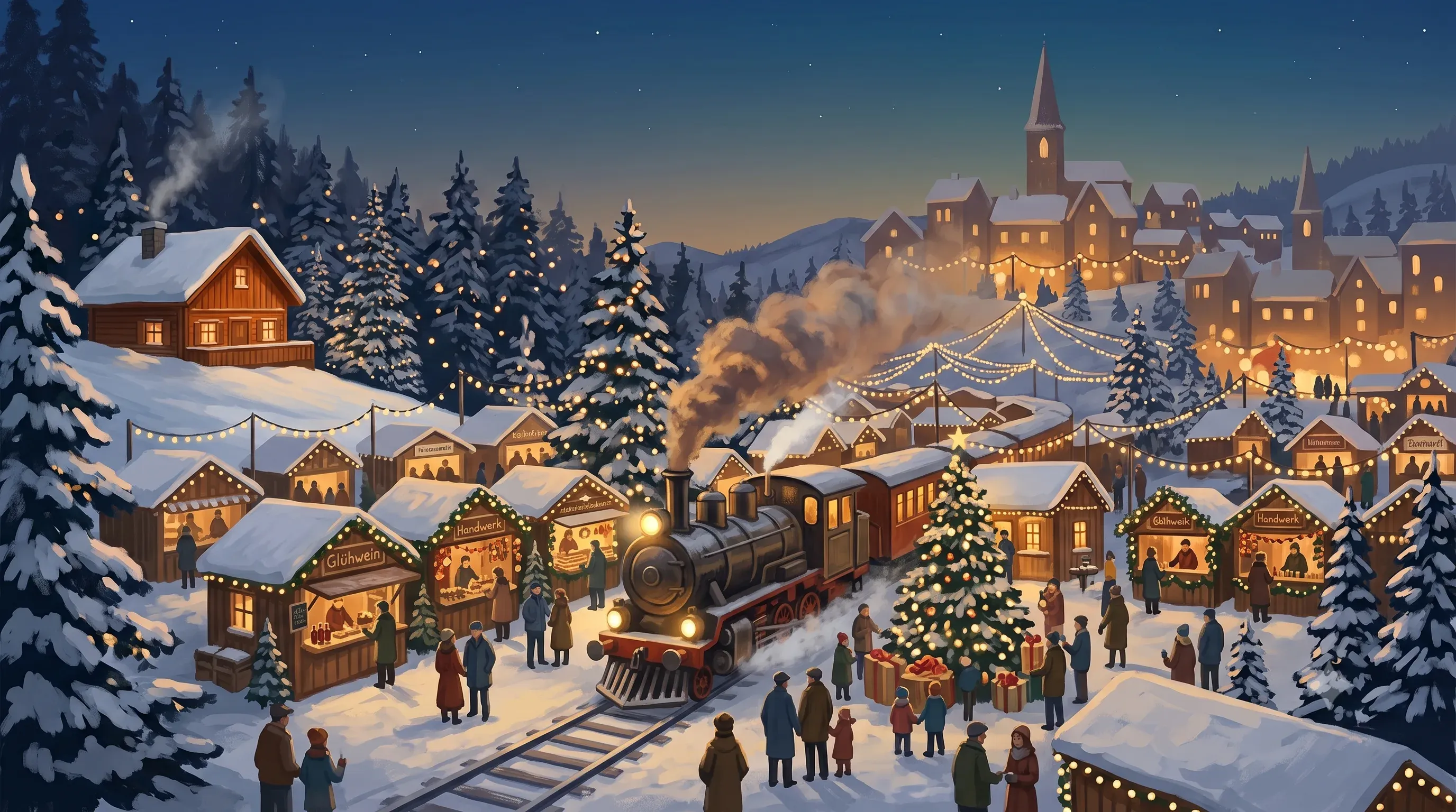 Winterliche Weihnachtsmarkt-Szene in der Abenddämmerung: eine Dampflok fährt durch verschneite Marktstände mit Lichterketten, Glühwein- und Handwerksbuden, geschmücktem Weihnachtsbaum, Menschen in Wintermänteln und einem beleuchteten Bergdorf mit Kirchturm im Hintergrund