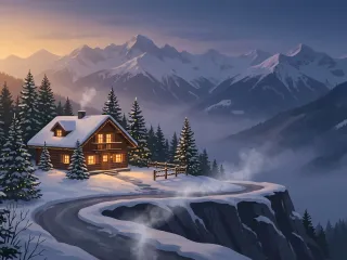 Beleuchtetes Holzchalet auf einem verschneiten Bergrücken in der Abenddämmerung, umgeben von lichtergeschmückten Tannen, mit schneebedeckten Gipfeln und nebligem Tal im Hintergrund