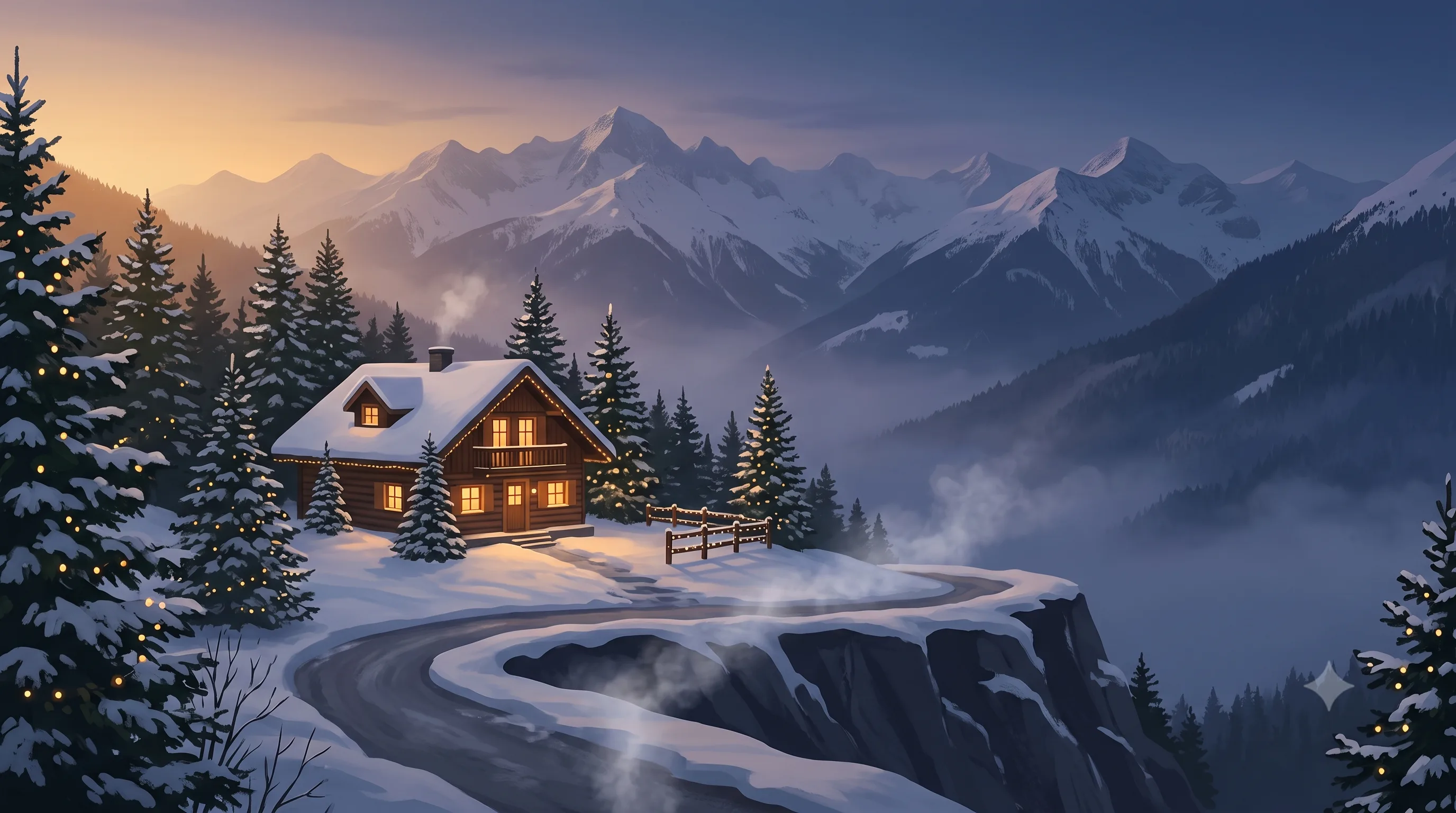 Beleuchtetes Holzchalet auf einem verschneiten Bergrücken in der Abenddämmerung, umgeben von lichtergeschmückten Tannen, mit schneebedeckten Gipfeln und nebligem Tal im Hintergrund