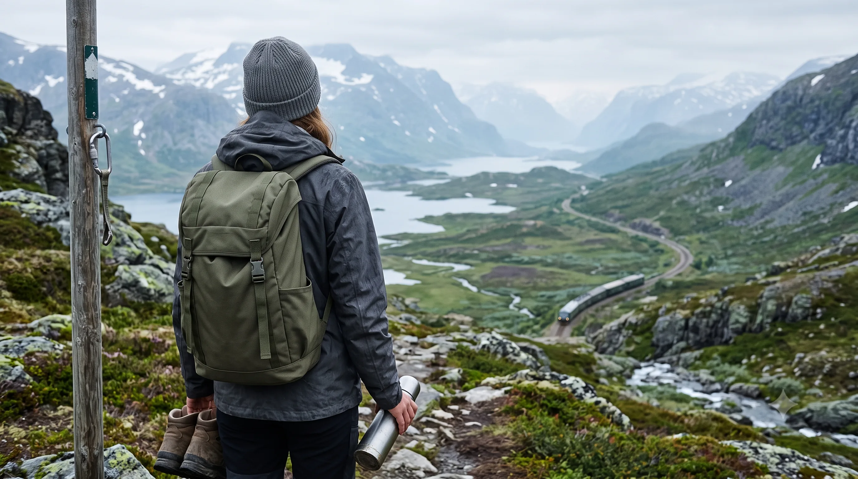 Wanderin mit Rucksack blickt über ein kühles Fjordtal mit schneebedeckten Bergen; im Tal windet sich ein Zug am Fluss entlang