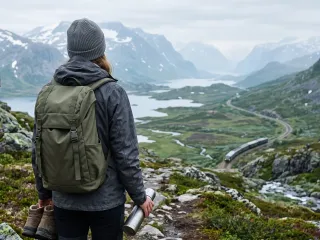 Wanderin mit Rucksack blickt über ein kühles Fjordtal mit schneebedeckten Bergen; im Tal windet sich ein Zug am Fluss entlang