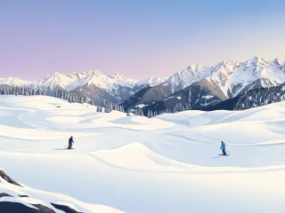 Weite, ruhige verschneite Hochgebirgslandschaft im rosafarbenen Abendlicht mit zwei einzelnen Skifahrern auf leeren Hängen, schneebedeckten Bergketten und einer Gondelbahn am rechten Bildrand