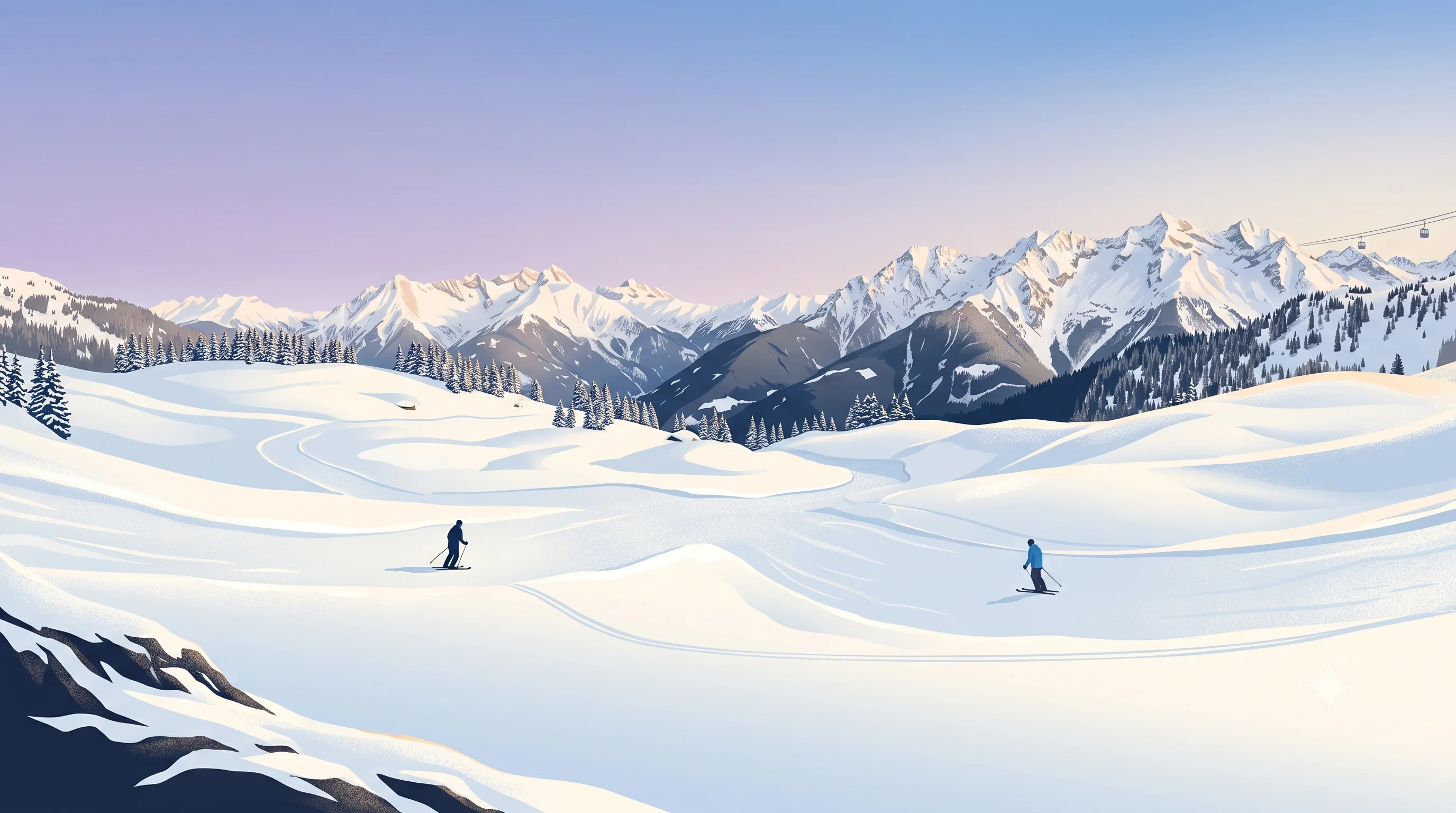 A wide, calm snow-covered high-mountain landscape in pink evening light, with two lone skiers on empty slopes, snow-capped mountain ranges and a gondola lift at the right edge