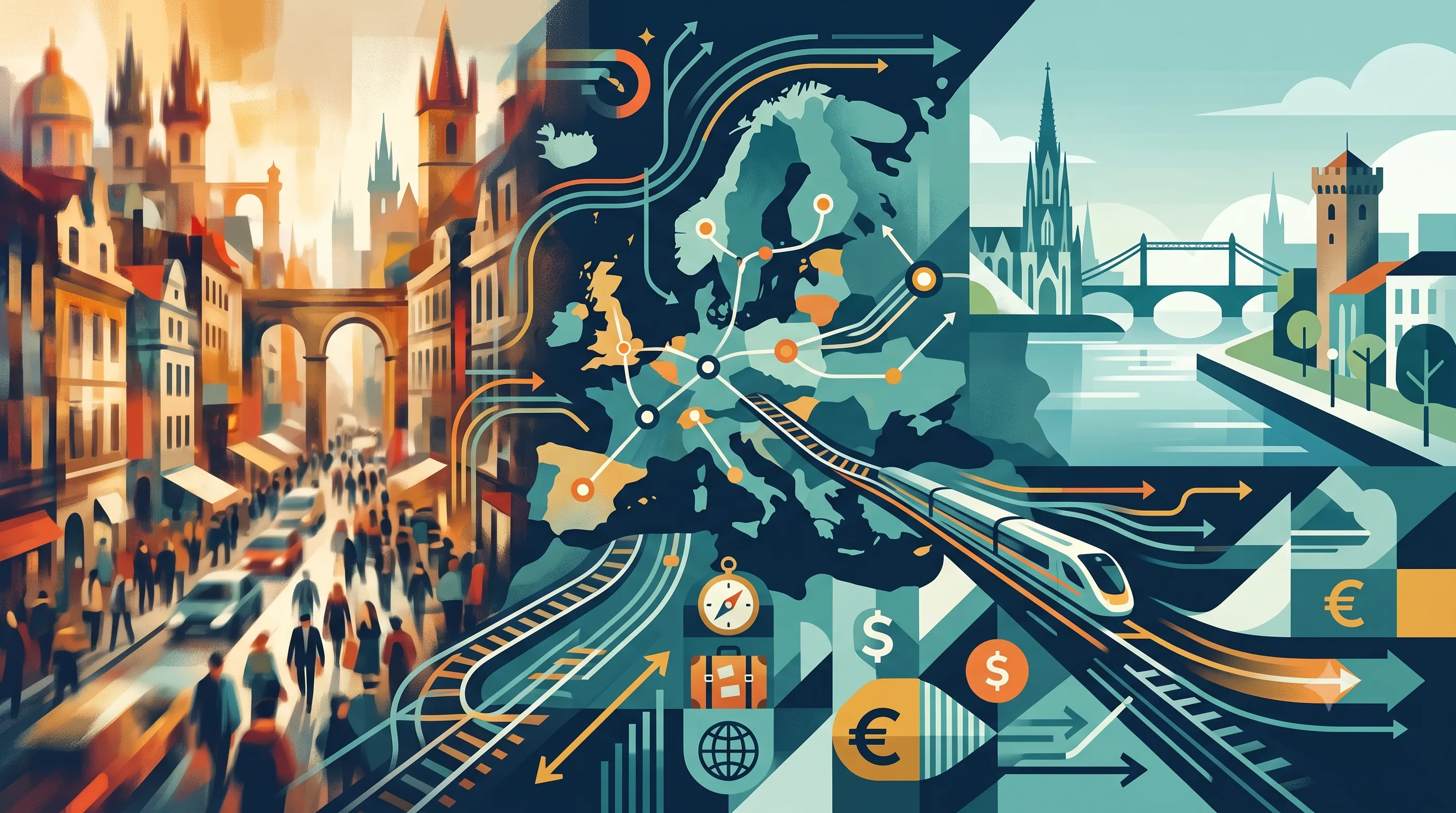 Split illustration: on the left a warm, crowded old-town street packed with people, on the right a calm blue riverside city with a high-speed train; between them a map of Europe with rail connections, a compass and euro symbols
