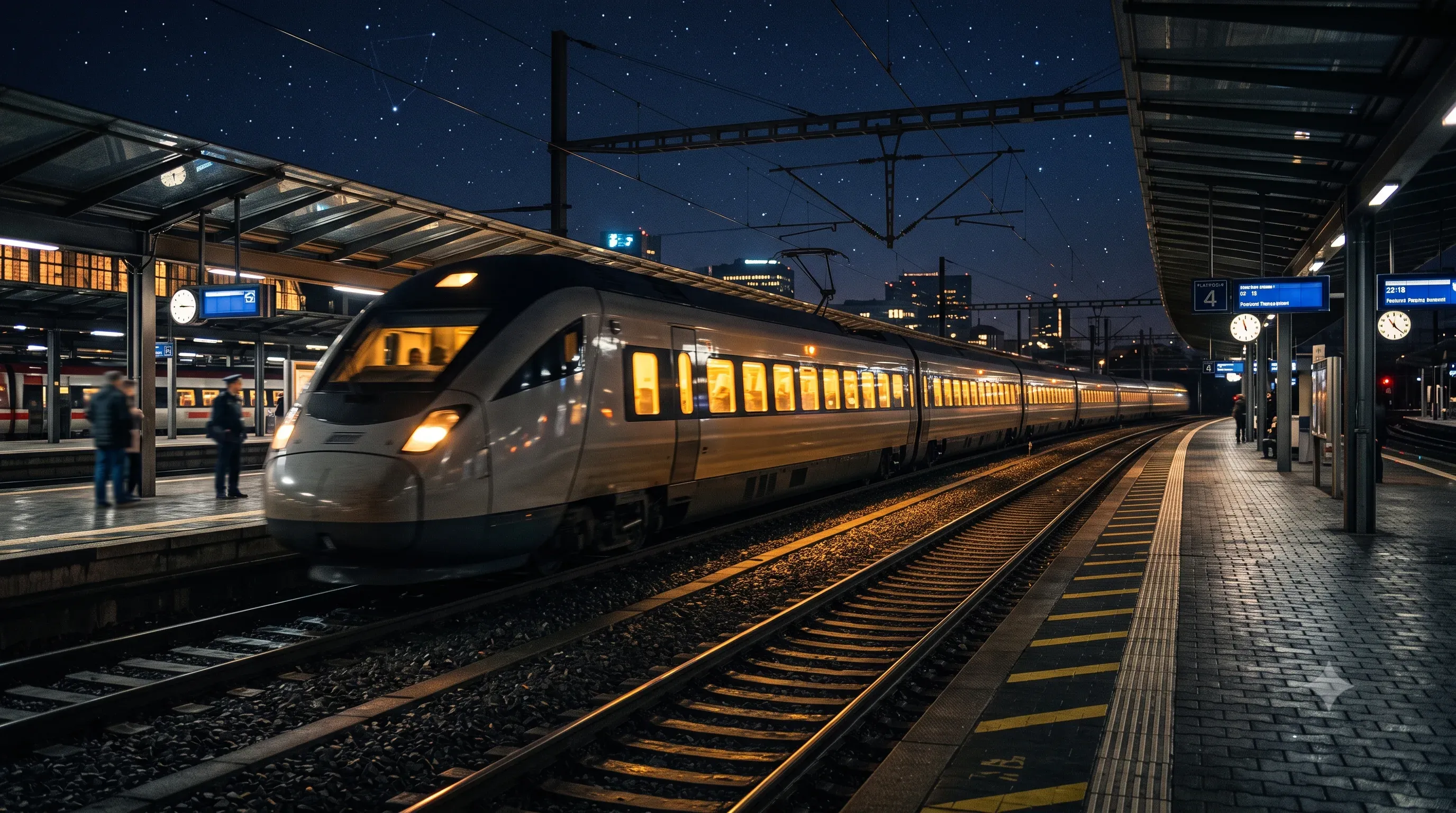 Moderner Zug mit warm beleuchteten Fenstern hält nachts an einem Bahnsteig unter Sternenhimmel, mit Bahnhofsuhren, Anzeigetafeln, wartenden Reisenden und beleuchteter Stadtsilhouette im Hintergrund
