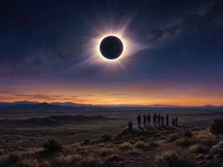 Gruppe von Menschen auf einem Bergrücken beobachtet eine totale Sonnenfinsternis mit strahlender Korona über einer weiten Dämmerungslandschaft