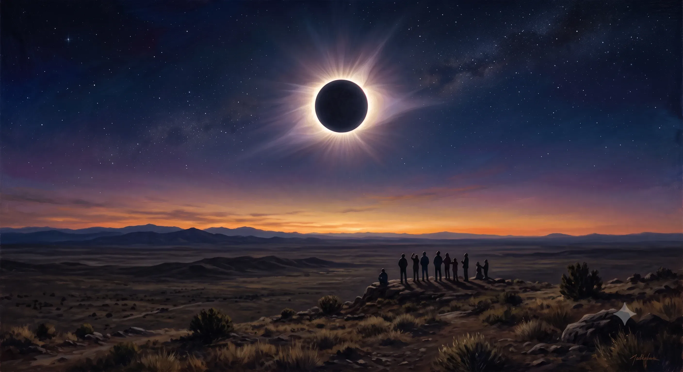 Gruppe von Menschen auf einem Bergrücken beobachtet eine totale Sonnenfinsternis mit strahlender Korona über einer weiten Dämmerungslandschaft